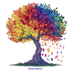 A whimsical vector design of a tree with leaves in rainbow shades with Pride Month