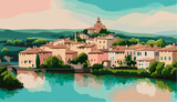 Fototapeta Londyn - Panorama of the old town landscape with houses and river  delicate pastel colors