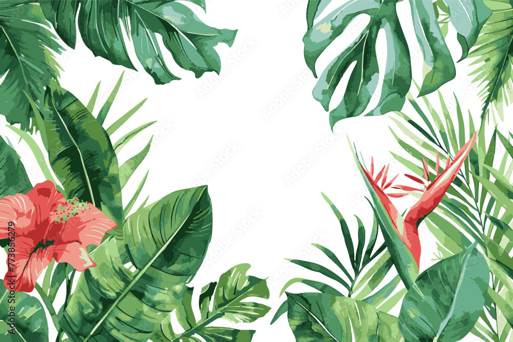 Watercolor frame featuring tropical hibiscus flowers and palm leaves on ...