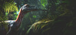 Banner with dinosaur in a jungle, rain forest. Exotic and stylish advertisment with copy space.