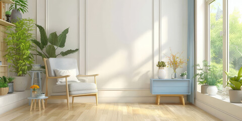 Wall Mural - empty White wall with wooden floor and light blue armchair in a minimal interior living room, Minimalist home design