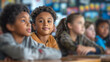 A diverse group of young african american kids or student  sits attentively in a classroom, their eyes focused and eager, embodying the joy of learning for Back to school.
