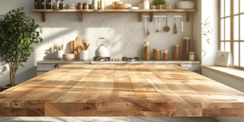 empty wood table top counter on modern kitchen interior background , empty wooden table in kitchen r