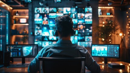 A man is sitting in front of a computer monitor with multiple screens and a keyboard. He is wearing headphones and he is focused on his work. Concept of concentration and productivity