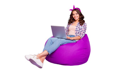 Sticker - Full size portrait of optimist attractive nice sweet beautiful calm confident lady with her style trendy stylish brunette curly wave hair she sir isolated on vivid violet background hold pc gadget