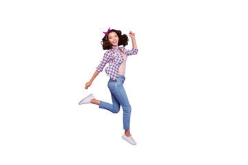 Sticker - Full length size beautiful attractive pretty lady with her style brunette wave curly hair she run marathon isolated on vivid purple background in headband checkered shirt denim casual jeans