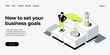 Strategic planning vector illustration in isometric design. Business strategy analysis and vision concept with queen chess piece and woman with spyglass. Web banner layout.