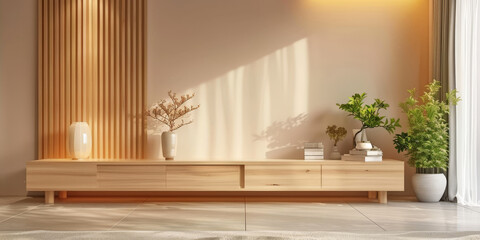 Sticker - Modern minimalist beige wood  cabinet TV with storage space, copy space background, 