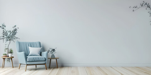Canvas Print - empty White wall with wooden floor and light blue armchair in a minimal interior living room, Minimalist home design