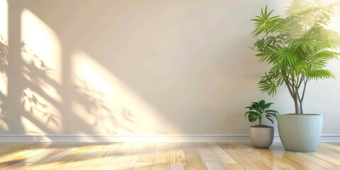 Wall Mural - empty room with  plant , sunlight and  wooden floor on beige wall background , 