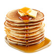 A stack of fluffy pancakes with maple syrup and butter, isolated on transparent background