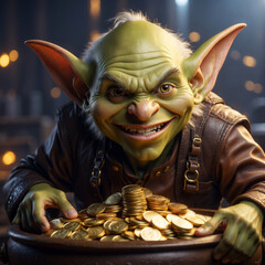 An evil troll with his treasure of gold