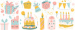 © wanna - set of cute birthday elements, cake and gifts, flat design illustration with white background