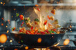 Splash of various vegetables colorful vegetables on the kitchen in a frying pan
