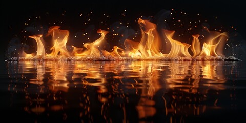 Wall Mural - A bright, glowing fire releases sparks and heat, illuminating the night with fiery intensity