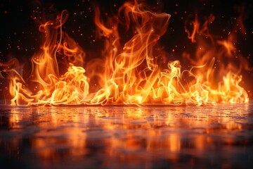 Wall Mural - Fiery flames dance dangerously, radiating energy and intense heat against a backdrop of darkness