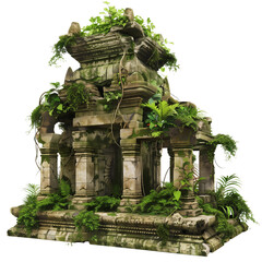 An ancient, overgrown jungle temple ruin, isolated on transparent background