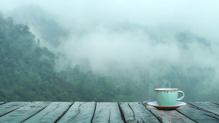 Wooden table with mountain green fog coffee cup morning