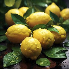 Wet yellow lemons and green leaves on a black background.