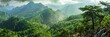Mountain Green. Panoramic View of Green Valley with Misty Highlands and Forest