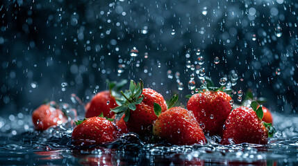 Wall Mural - Top view A bunch of ripe big strawberries with water droplets, falling into a deep black water tank