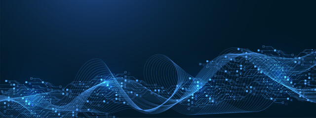 Fototapete - Quantum computer technologies concept. Futuristic blue circuit board background vector. Modern technology circuit board texture background design. Waves flow. Quantum explosion technology.