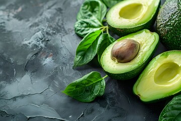 Fresh green avocado placed on marble background, highly beneficial fruit