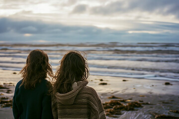 Wall Mural - girls are standing on the beach, looking out at the ocean. The sky is cloudy and the water is choppy. Scene is calm and peaceful, as the girls take in the beauty of the ocean