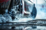Fototapeta  - Close up of the wheels of a sportscar on a burnout.