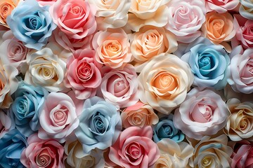  Pastel roses in full bloom for a colorful background, top view.