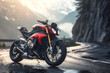 Red sports motorcycle on the asphalt road in the mountains. streetfighter motorcycle against the background of rocks by the road
