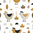 Seamless pattern with cute chicken, flowers and leaves for your fabric, children textile, apparel, nursery decoration, gift wrap paper. Vector illustration