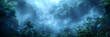 Exotic foggy forest. Jungle panorama forest oasi,
Tropical forest lit by fireflies in the fog The concept of mystery and nature
