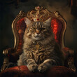 Cat as king A cat with a crown lounges on a throne, ruling the urban night with feline grace and aloof majesty , hyper realistic, low noise, low texture