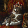 Cat as king A cat with a crown lounges on a throne, ruling the urban night with feline grace and aloof majesty
