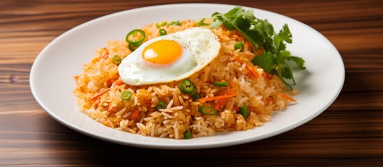 Sticker - Rice on a white plate topped with a perfectly fried egg, creating a simple and delicious meal