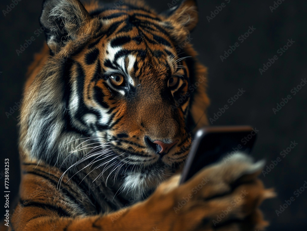 Tiger Using Phone Tiger with smartphone Chicken managing coop affairs, symbolizing farm ...