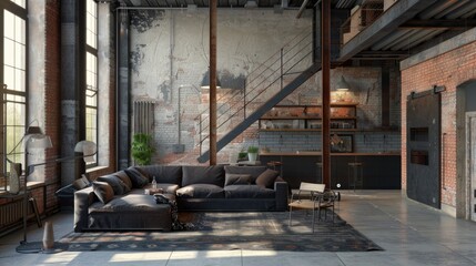 Wall Mural - Interior Design Art. Loft Industrial Style Living Room with Black Sofa and Furniture