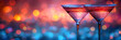 Martini glasses in the background of a night dis,
Martini cocktail drink with ice cubes in neon iridescent pink and blue colors 