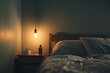 Dimly lit bedroom scene, a single lightbulb representing hope in insomnia.