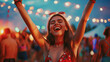 Happy woman having fun while attending open air music concert at night. Girl dancing at the concert and having a good time at an open air venue. Summer holiday, vacation concept. Generative AI. 