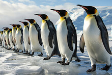 A Group Of Penguins Marching Proudly In Perfect Unison Across The Ice.