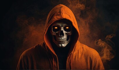 Wall Mural - Mysterious hooded figure with a skull face surrounded by orange smoke on a dark background, concept of horror and fantasy