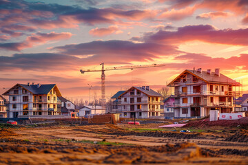 Wall Mural - House building and city construction concept: evening outdoor urban view of modern real estate homes.