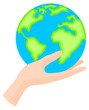 Human hand holding globe care about planet. World environment day. Earth day concept, illustration.
