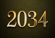 Old gold effect of 2034 number with 3D glossy style Mockup.	