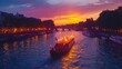 Olympic games opening ceremony in the evening sunset. Water parade in Paris, river with boat and crowds cheering on the riverbanks