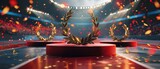 Fototapeta Sport - Golden laurel wreaths on podiums with confetti, Olympic victory ceremony event.