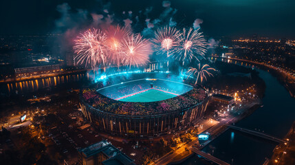 Wall Mural - Nighttime aerial view of stadium with fireworks, illuminated urban background. Olympic Games in Paris 2024