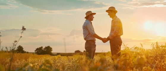 Poster - Using a tablet, two farmers are talking on the field.